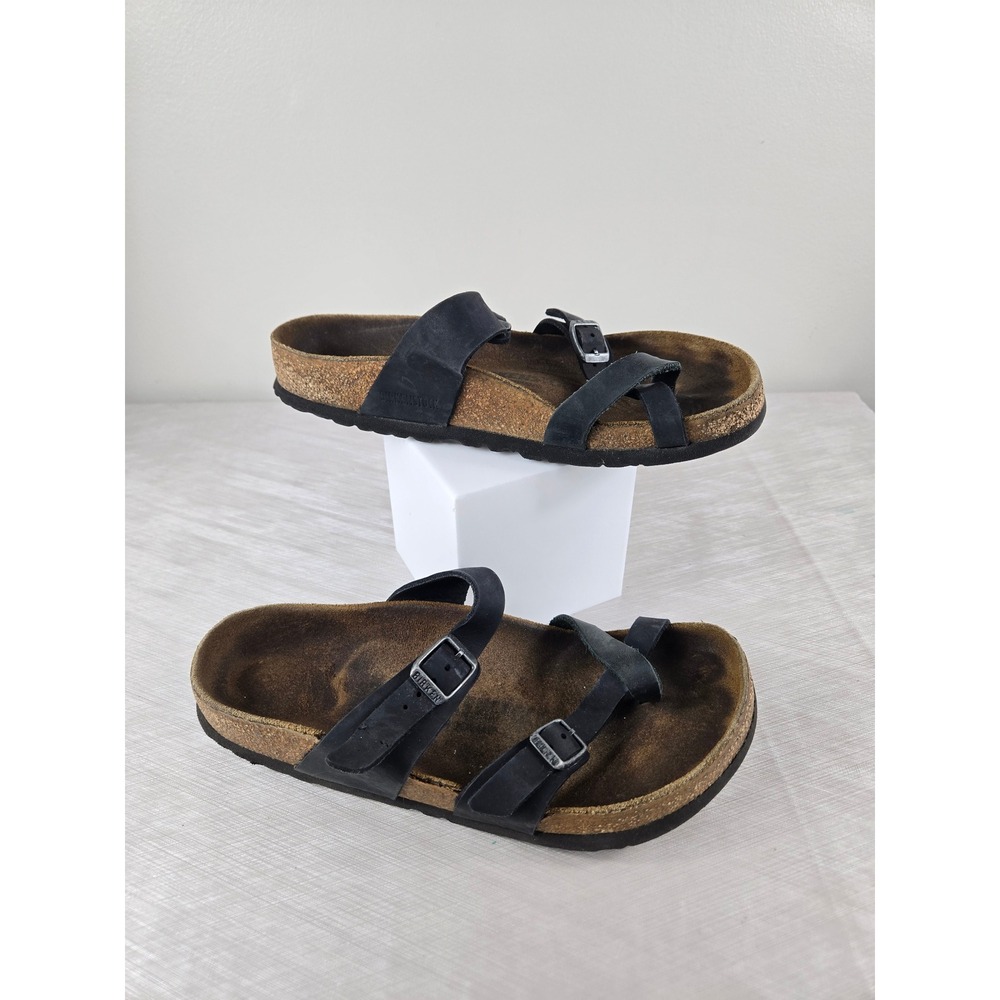 Birkenstock Mayari Black Oiled Leather‎ Sandals Womens 37 Toe Loop Slides